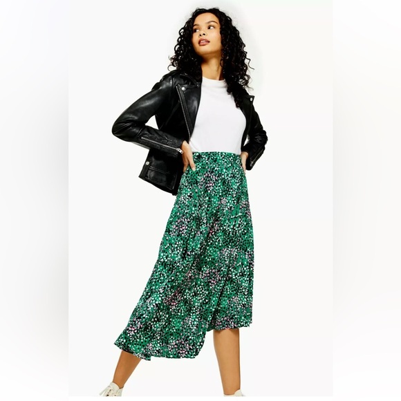 TopShop Green Painted Spot Pleat Midi Skirt US4 UK8 - Picture 4 of 13